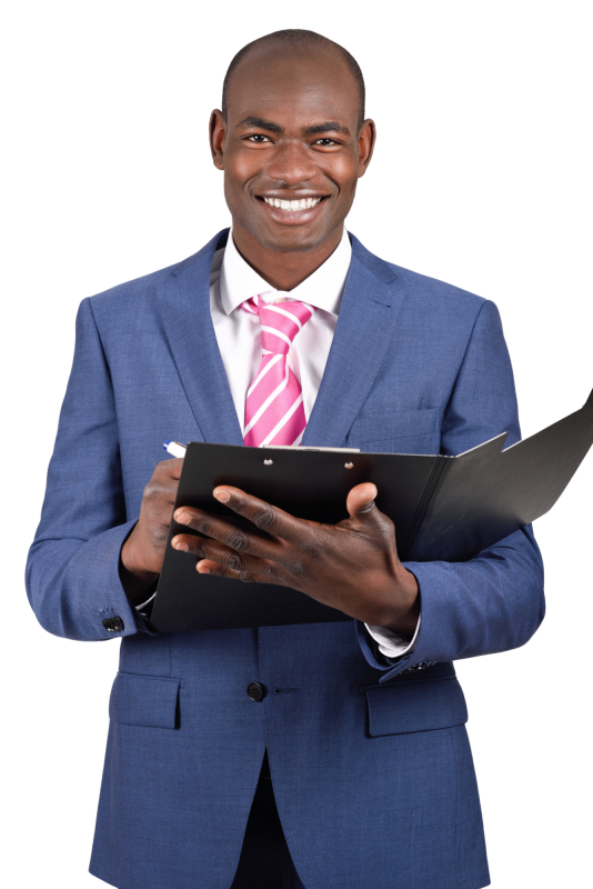 smiling-manager-holding-black-clipboard